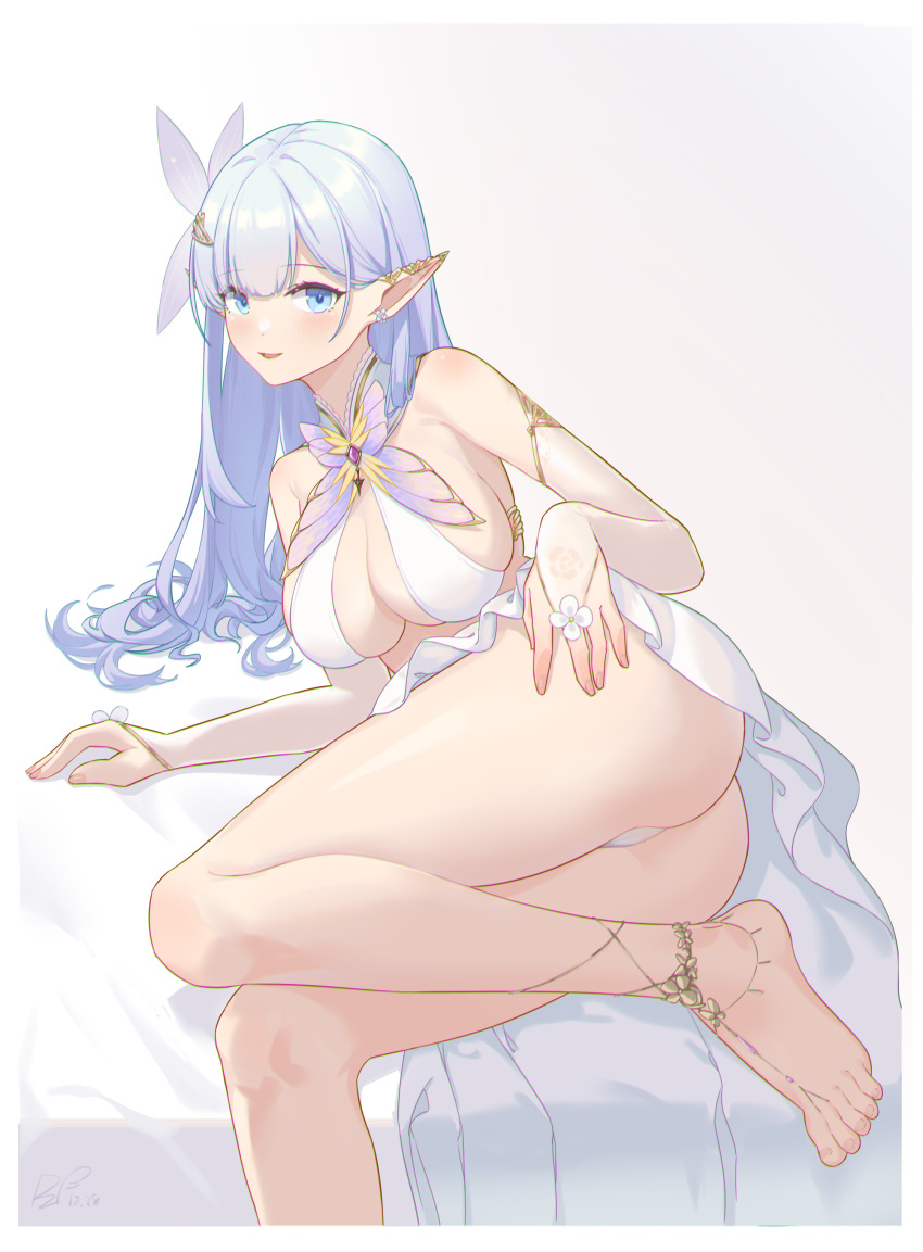 1girl, absurdres, albion_(azur_lane), ass, azur_lane, bare_shoulders, barefoot, blue_eyes, blunt_bangs, blush, breasts, bridal_gauntlets, cleavage, collar, feet, fingernails, foot_jewelry, foot_out_of_frame, hair_ornament, halterneck, highres, large_breasts, legs, light_purple_hair, long_hair, looking_at_viewer, lying, on_side, open_mouth, panties, ping_zhong_yu, pointy_ears, purple_hair, revealing_clothes, signature, simple_background, skirt, smile, solo, toenails, toes, underwear, white_background, white_panties, white_skirt