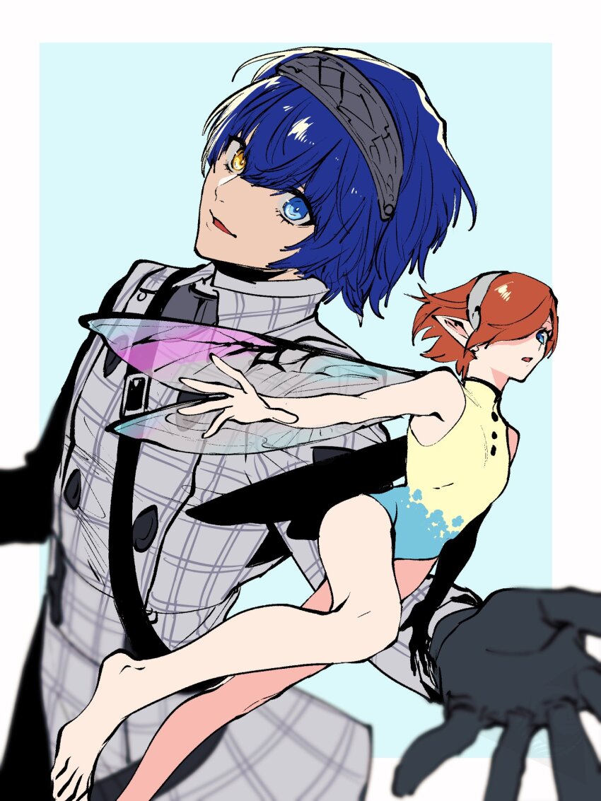 1boy, 1girl, bare_legs, bare_shoulders, barefoot, belt, black_belt, black_gloves