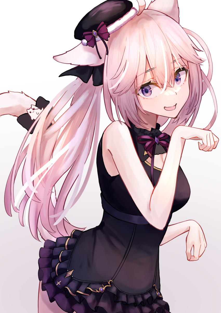 1girl, absurdres, ahoge, animal_ears, beret, black_bow, black_dress, black_hat
