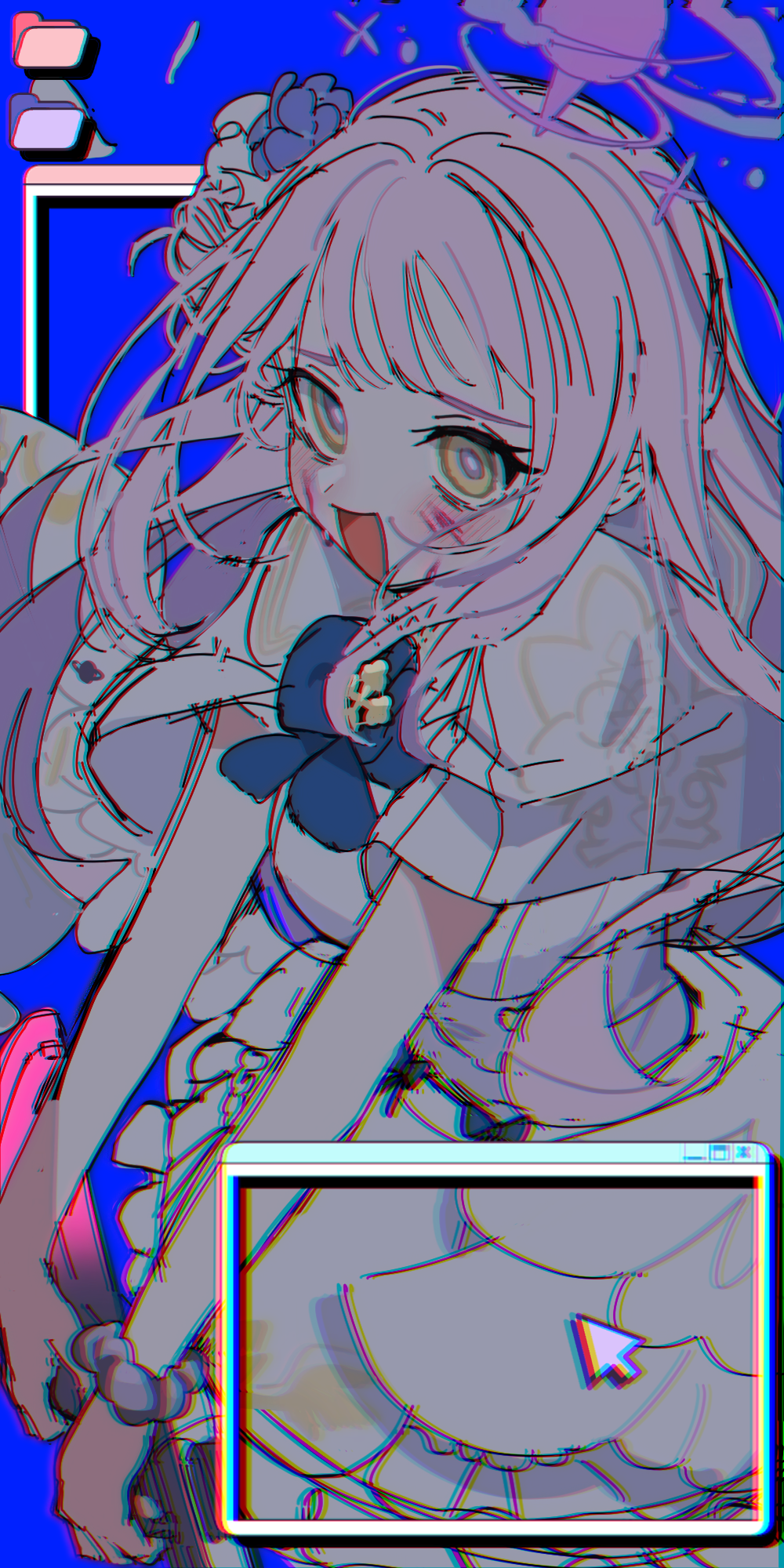 1girl, :d, black_dog_(ckdfhd), blood, blood_on_face, blue_archive, blue_background, blush