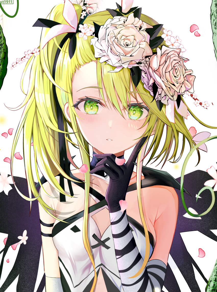 1girl, deathpolca, demons_roots, elbow_gloves, falling_petals, flower, gloves, green_eyes