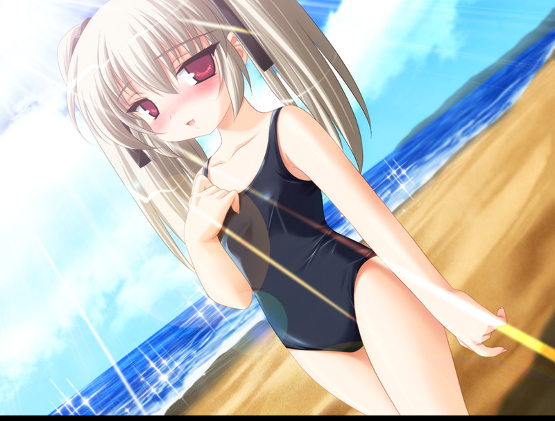 1girl, beach, blush, downhill_night, downhill_night_2, emily_(pure_dream), female_focus, lens_flare, looking_at_viewer, moero_downhill_night_(series), moero_downhill_night_2, narukami_kei, one-piece_swimsuit, outdoors, red_eyes, smile, solo, swimsuit, twintails, water, white_hair