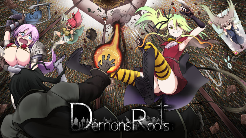 1boy, 6+girls, absurdres, ahoge, akaimato, ange_(demonsroots), armor, bandages, bikini_armor, black_coat, black_footwear, black_gloves, black_hair, blonde_hair, book, boots, breasts, claw_(weapon), coat, crying, deathpolca, demons_roots, diana_(demonsroots), dress, falling, fighting, fingerless_gloves, gloves, gradient_hair, green_eyes, grey_hair, gun, highres, kalinka_(demonsroots), large_breasts, library, lily_killer, long_hair, magic, multicolored_hair, multiple_girls, open_mouth, pink_hair, plant, red_dress, red_hair, restrained, rifle, sarasa_(demonsroots), shield, side_ponytail, skeleton, striped_clothes, striped_thighhighs, thighhighs, vines, wavy_mouth, weapon