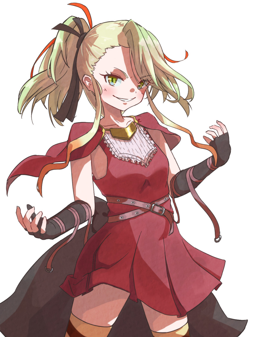 1girl, belt, black_gloves, black_ribbon, blush, breasts, capelet, cowboy_shot