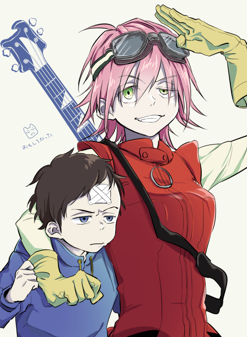 1boy, 1girl, ajino_(mmh444_nu), bass_guitar, blue_eyes, breasts, closed_mouth, flcl, gloves, goggles, green_eyes, guitar, haruhara_haruko, highres, instrument, medium_breasts, nandaba_naota, pink_hair, short_hair, smile