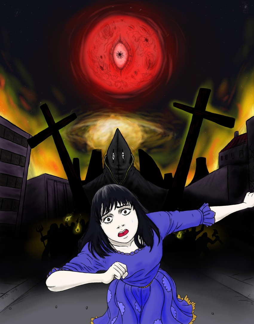 1girl, 1other, absurdres, black_eyes, black_hair, blue_dress, breasts, commentary