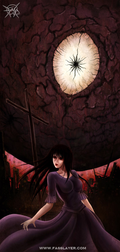 1girl, black_hair, breasts, commentary, cross, dress, eldritch_abomination, english_commentary