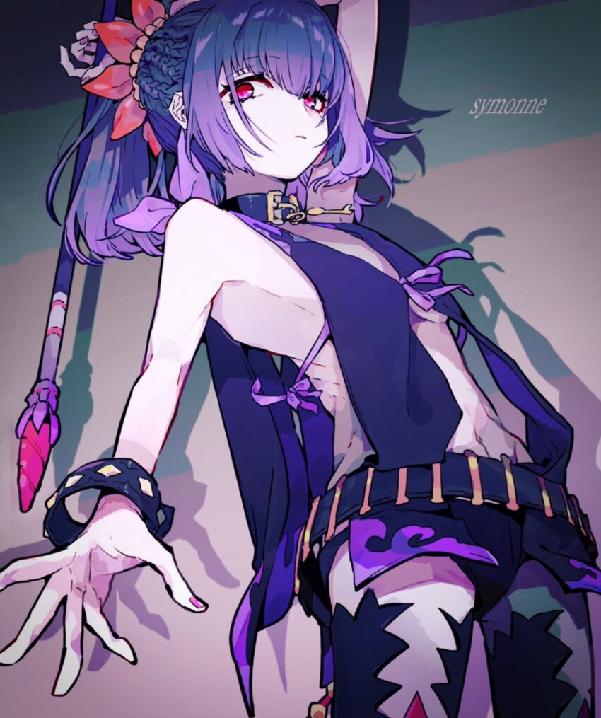 1girl, belt, black_choker, bracelet, braid, choker, closed_mouth, collar, flower, hair_flower, hair_ornament, highres, jewelry, kisaragi_koubana, long_hair, looking_at_viewer, mole, mole_under_eye, nail_polish, ponytail, purple_eyes, purple_hair, revealing_clothes, simple_background, skinny, solo, symonne_(tales), tales_of_(series), tales_of_zestiria, thighhighs