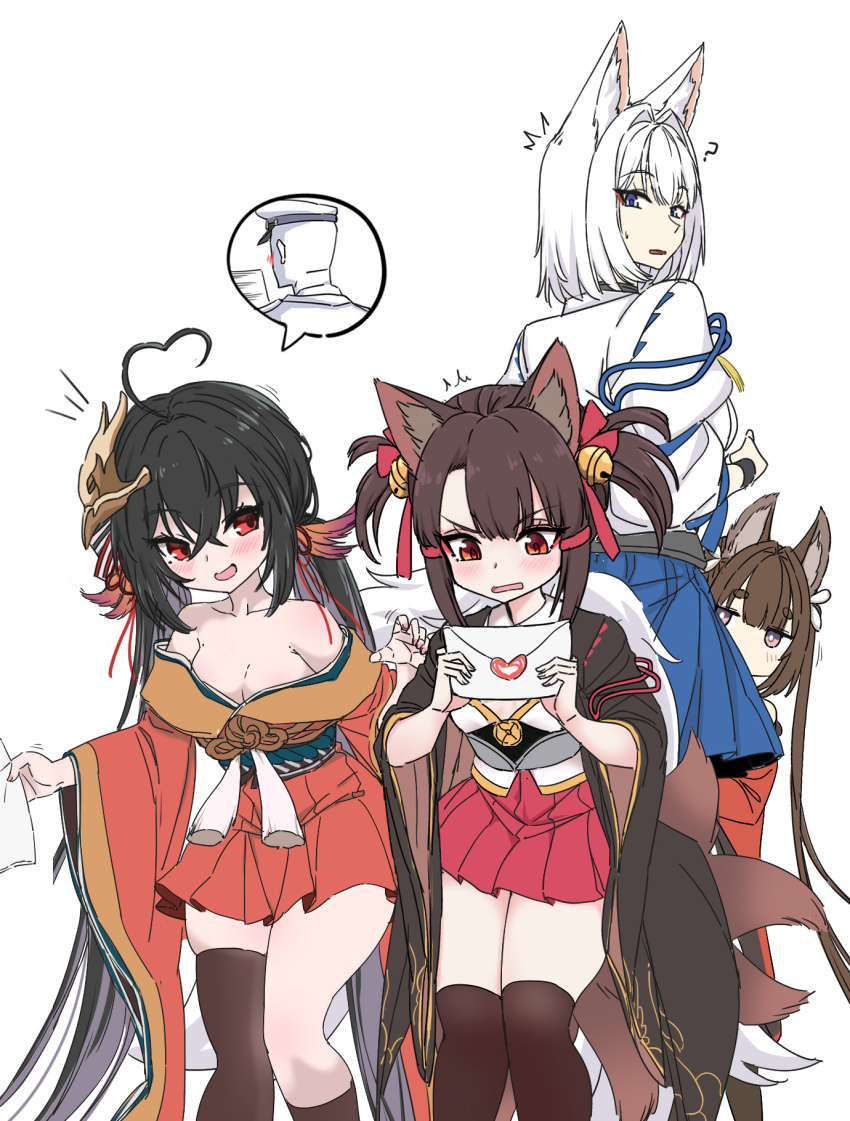 1boy, 4girls, :d, ?, akagi-chan_(azur_lane), amagi-chan_(azur_lane), animal_ears, azur_lane, bare_shoulders, bell, bird_mask, black_hair, black_kimono, blue_eyes, blue_skirt, blush, brown_hair, clothes_grab, commander_(azur_lane), curious, dress, eyeshadow, facing_viewer, fox_ears, fox_girl, fox_tail, from_behind, hair_bell, hair_between_eyes, hair_ornament, hairclip, hiding, hiding_behind_another, highres, holding, holding_letter, japanese_clothes, kaga_(azur_lane), kimono, kitsune, letter, long_hair, looking_at_another, looking_back, love_letter, makeup, mask, mask_on_head, medium_hair, multiple_girls, multiple_tails, off-shoulder_dress, off_shoulder, open_mouth, orange_eyes, oukama, peeking_out, purple_eyes, red_eyes, red_eyeshadow, red_kimono, red_skirt, short_hair, skirt, slit_pupils, smile, speech_bubble, staring, surprised, taihou-chan_(azur_lane), tail, thighhighs, thought_bubble, twintails, very_long_hair, white_hair, wide_sleeves