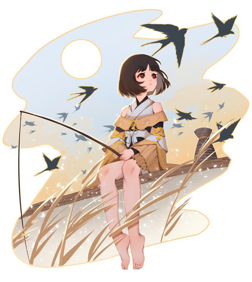 1girl, absurdres, bare_legs, bare_shoulders, barefoot, bird, black_hair, blue_sky, blunt_bangs, bob_cut, border, chinese_clothes, clothing_cutout, dress, fading_border, faux_figurine, feet, fishing, fishing_line, fishing_rod, from_below, full_body, full_moon, highres, holding, holding_fishing_rod, jianxia_qingyuan_(series), jianxia_qingyuan_online_3, legs, long_sleeves, looking_to_the_side, moon, multicolored_sky, outside_border, reeds, short_dress, short_hair, shoulder_cutout, sitting, sky, solo, swallow_(bird), toenails, toes, wide_sleeves, yellow_dress, yellow_sky, yi_er_san