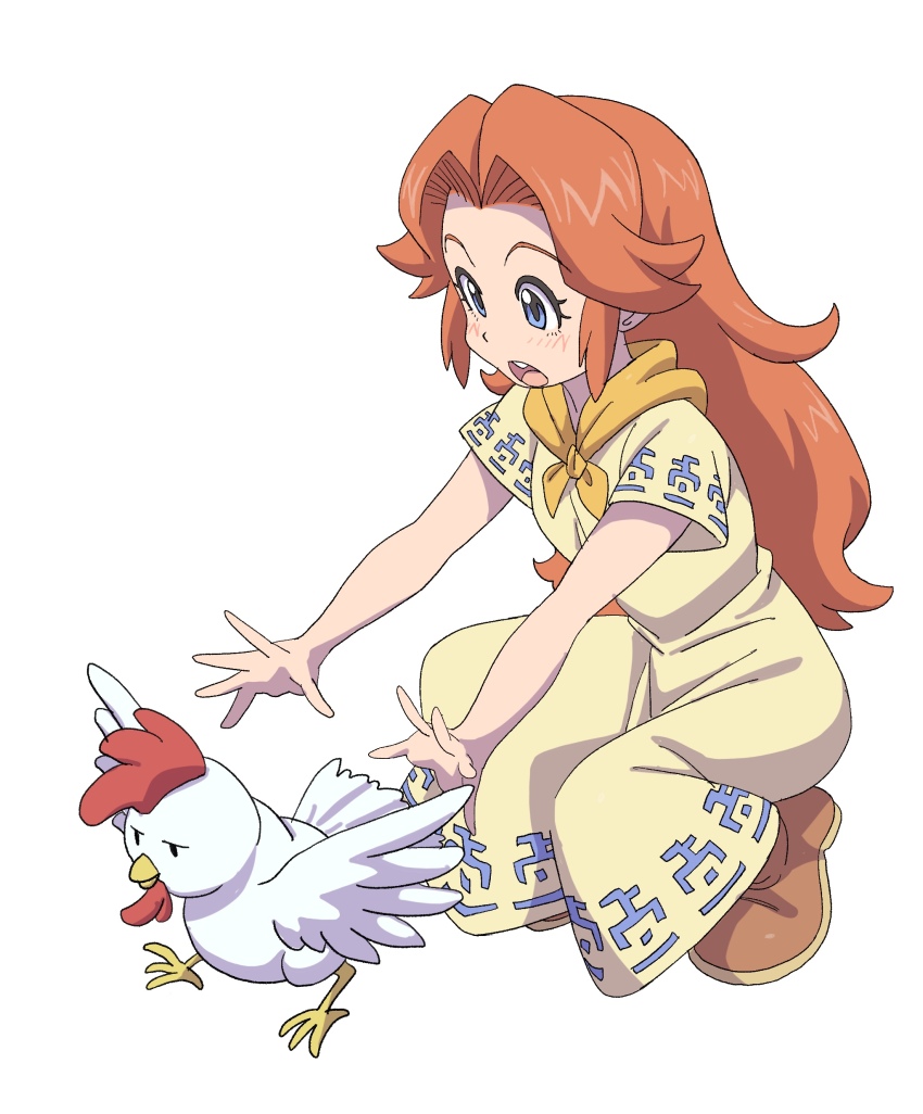 1girl, absurdres, animal, bird, blue_eyes, blush, brown_footwear, chicken