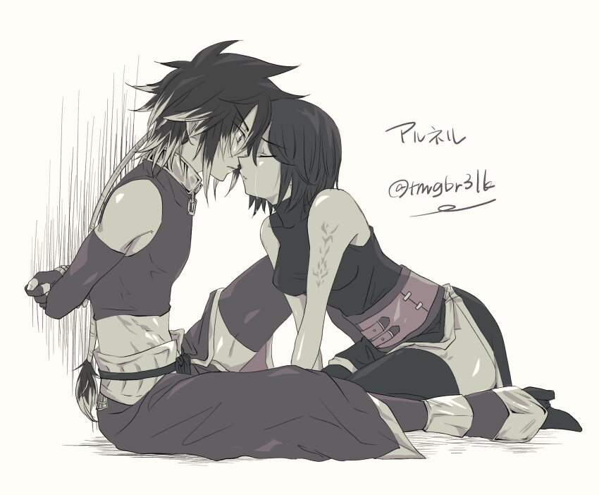 1boy, 1girl, albel_nox, arm_tattoo, breasts, closed_mouth, collar, collarbone, crying, fingerless_gloves, full_body, gloves, greyscale, highres, medium_breasts, midriff, monochrome, nagiyu_(pixiv478307), nel_zelpher, short_hair, simple_background, skirt, sleeveless, star_ocean, star_ocean:_till_the_end_of_time, tattoo, thighhighs, twitter_username, white_background