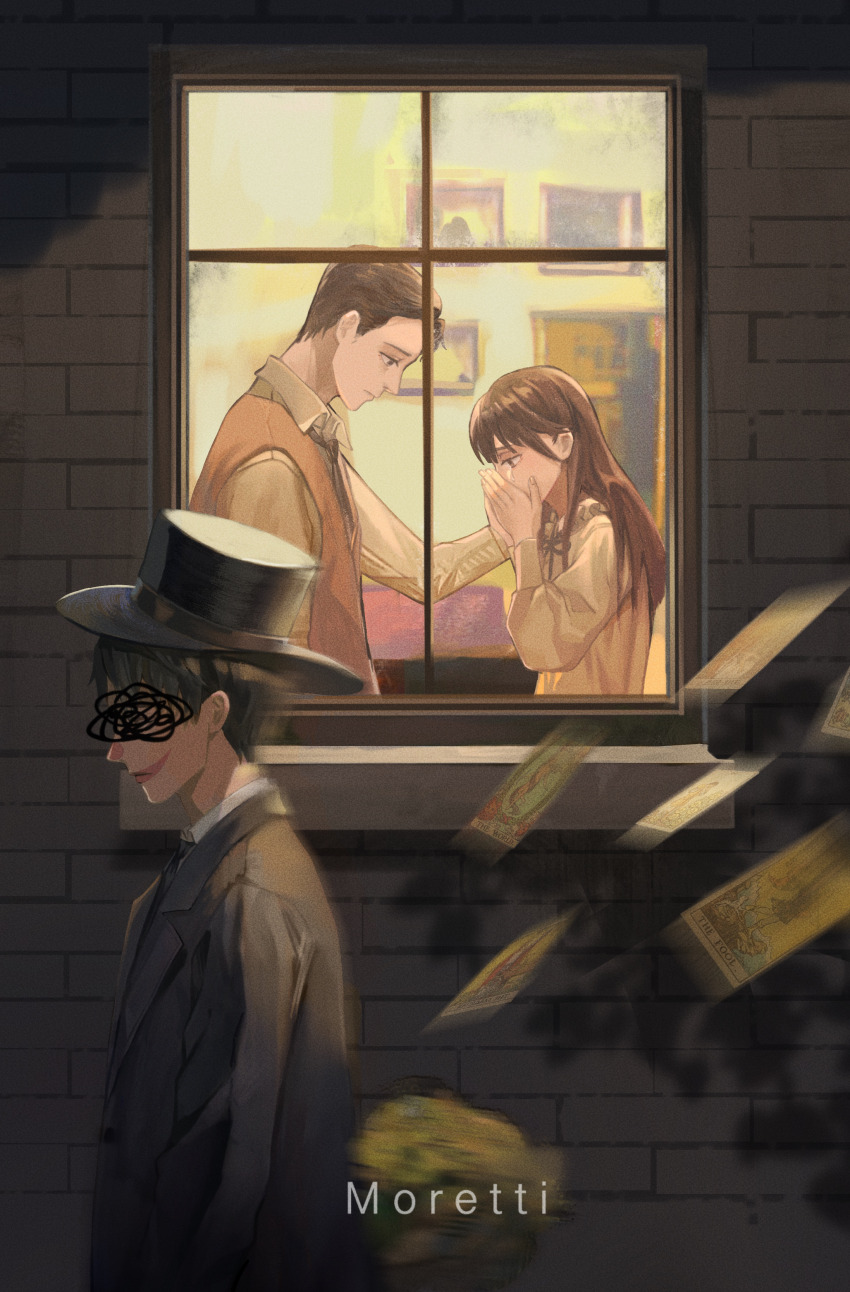 1girl, 2boys, absurdres, benson_moretti, black_hair, black_headwear, black_jacket, black_necktie