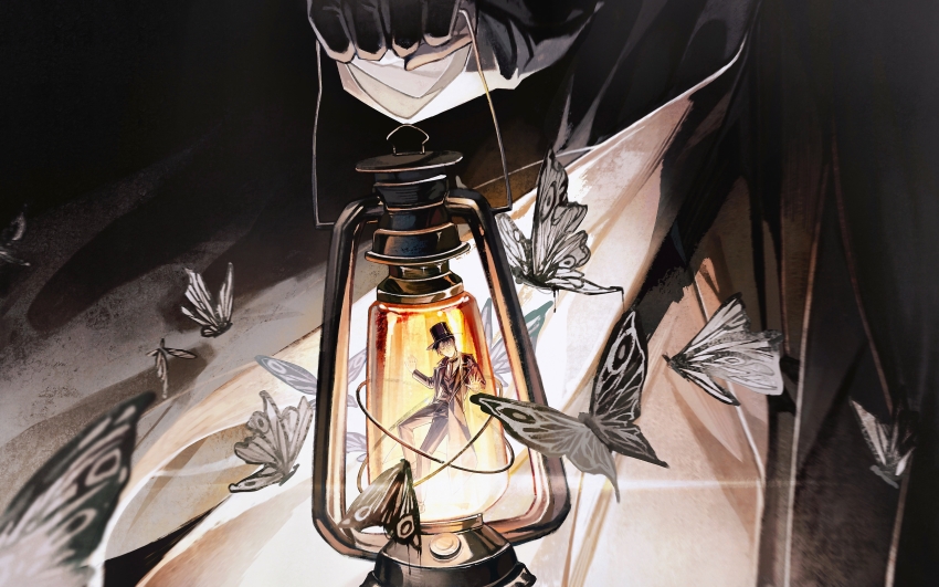 2boys, absurdres, black_hair, black_jacket, black_necktie, black_pants, black_vest, bottle, brown_eyes, bug, chinese_commentary, commentary_request, dark, highres, holding_lamp, in_bottle, in_container, insect, jacket, klein_moretti, looking_at_viewer, lord_of_the_mysteries, mini_person, miniboy, moth, multiple_boys, necktie, night, outdoors, pants, shiqi274, shirt, short_hair, sky, vest, white_shirt