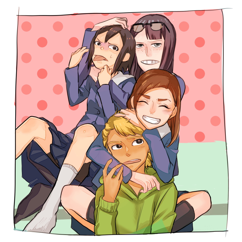 4girls, :d, asakusa_midori, asymmetrical_bangs, bike_shorts, bike_shorts_under_skirt, black_eyes, black_hair