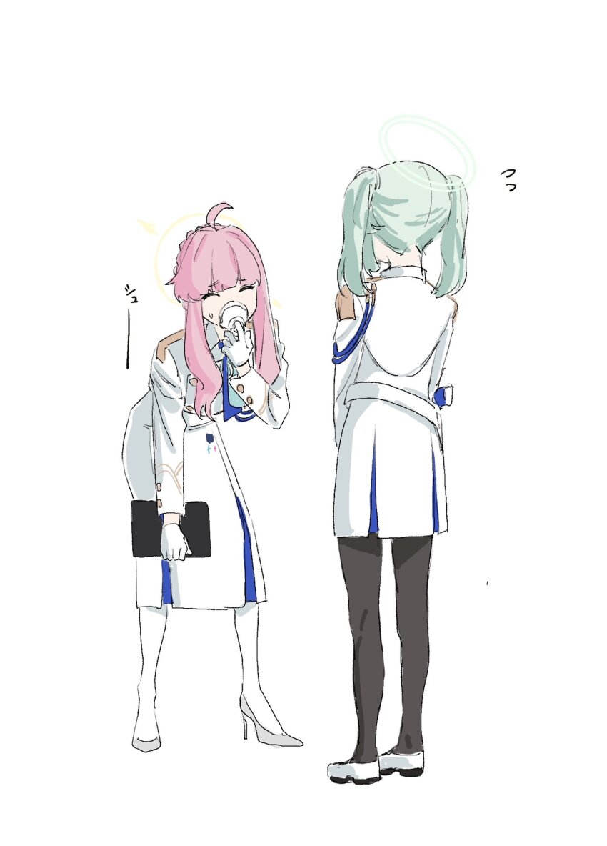 2girls, administrative_official_(blue_archive), ahoge, aiguillette, belt, black_pantyhose, blue_archive, blue_necktie, blunt_bangs, braid, braided_bun, canister, clipboard, closed_eyes, epaulettes, facing_another, facing_away, flying_sweatdrops, full_body, gloves, gomibako_(gomibako_price), green_hair, hair_bun, halo, hand_on_own_knee, highres, holding, holding_clipboard, holding_mask, jacket, kaya_(blue_archive), leaning_forward, long_skirt, long_sleeves, mask, medium_hair, multiple_girls, necktie, oxygen_mask, pantyhose, shoes, short_hair_with_long_locks, simple_background, skirt, standing, sweatdrop, twintails, white_background, white_belt, white_gloves, white_jacket, white_pantyhose, white_skirt