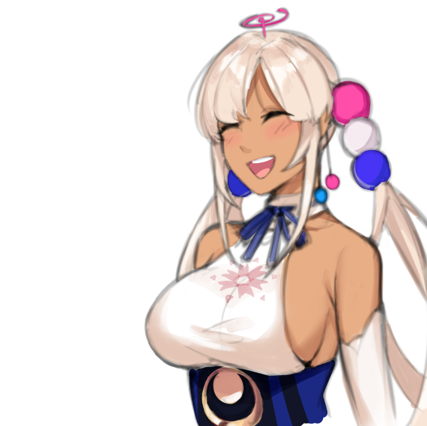 1girl, backless_outfit, blonde_hair, blue_ribbon, blue_skirt, blush, breasts, closed_eyes