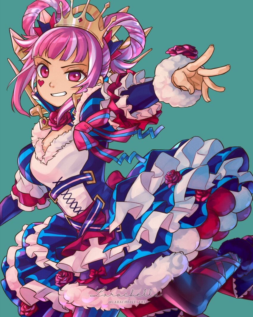 1girl, blue_background, blue_dress, blunt_bangs, bow, brooch, corset, dress, dress_bow, dress_flower, facial_mark, fire_emblem, fire_emblem_engage, flower, flower_brooch, fur_trim, hair_rings, heart, heart_facial_mark, highres, hortensia_(fire_emblem), juliet_sleeves, larachelle, long_sleeves, looking_at_viewer, multicolored_hair, nintendo, pink_eyes, pink_hair, puffy_sleeves, red_bow, red_flower, red_rose, ribbon, rose, signature, smile, solo, striped_clothes, striped_dress, tiara, twitter_username, two-tone_hair, vertical-striped_clothes, vertical-striped_dress