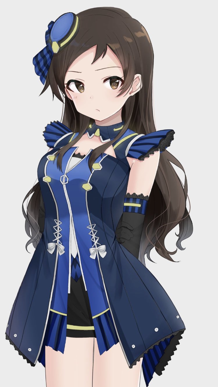 1girl, arms_behind_back, bare_shoulders, black_gloves, blue_collar, blue_dress, blue_ribbon, blush