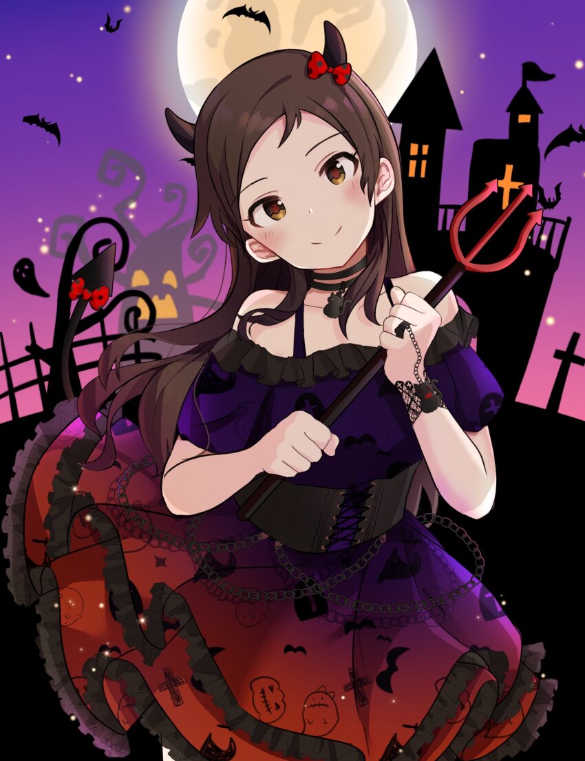 1girl, bare_shoulders, bare_tree, bat_(animal), black_cat, black_choker, black_corset, blush, breasts, brown_eyes, brown_hair, castle, cat, chain, choker, closed_mouth, collarbone, corset, cowboy_shot, demon_horns, demon_tail, dress, eri_(erikaida), fake_horns, fake_tail, fence, frilled_dress, frills, full_moon, ghost, gradient_sky, grave, hair_ribbon, halloween, hands_up, highres, holding, holding_polearm, holding_weapon, horns, idolmaster, idolmaster_million_live!, idolmaster_million_live!_theater_days, jack-o'-lantern, jewelry, kitazawa_shiho, lace_trim, layered_skirt, long_hair, looking_at_viewer, medium_breasts, moon, night, off-shoulder_dress, off_shoulder, pendant_choker, polearm, polka_dot, polka_dot_ribbon, print_dress, red_ribbon, ribbon, ring, short_sleeves, silhouette, skirt, sky, smile, solo, standing, star_(sky), starry_sky, tail, tree, two-tone_dress, weapon