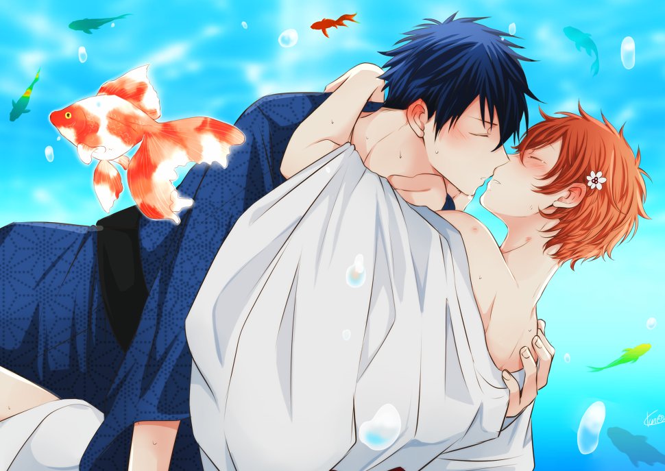 2boys, 961_masashi, air_bubble, blue_background, blue_hair, blue_robe, blush, bubble, closed_eyes, dark_blue_hair, fish, flower, given, goldfish, hair_flower, hair_ornament, imminent_kiss, male_focus, multiple_boys, orange_hair, parted_lips, robe, satou_mafuyu, signature, sweatdrop, uenoyama_ritsuka, white_robe, yaoi