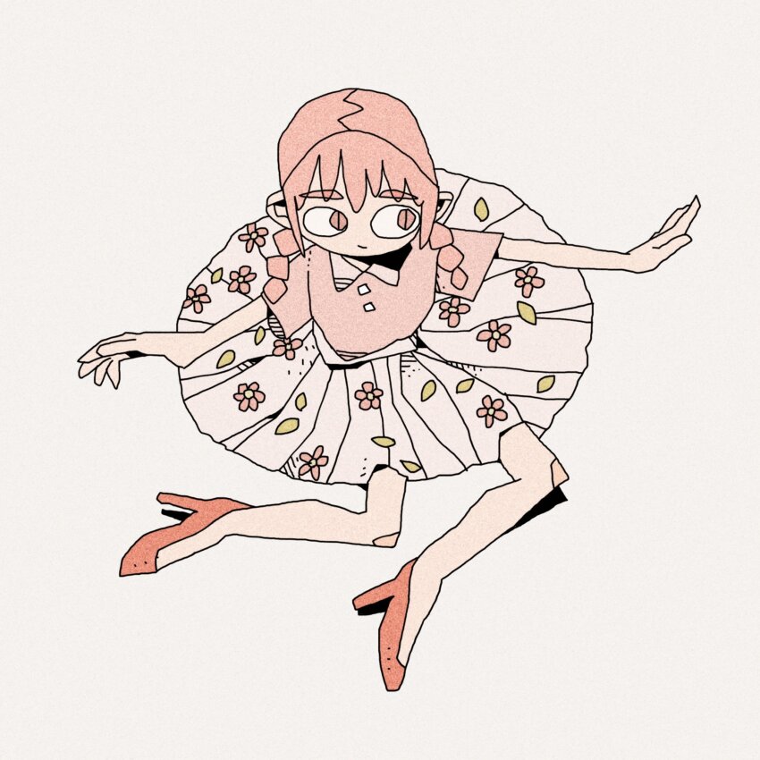 1girl, braid, dress, floral_print, full_body, high_heels, highres, looking_to_the_side