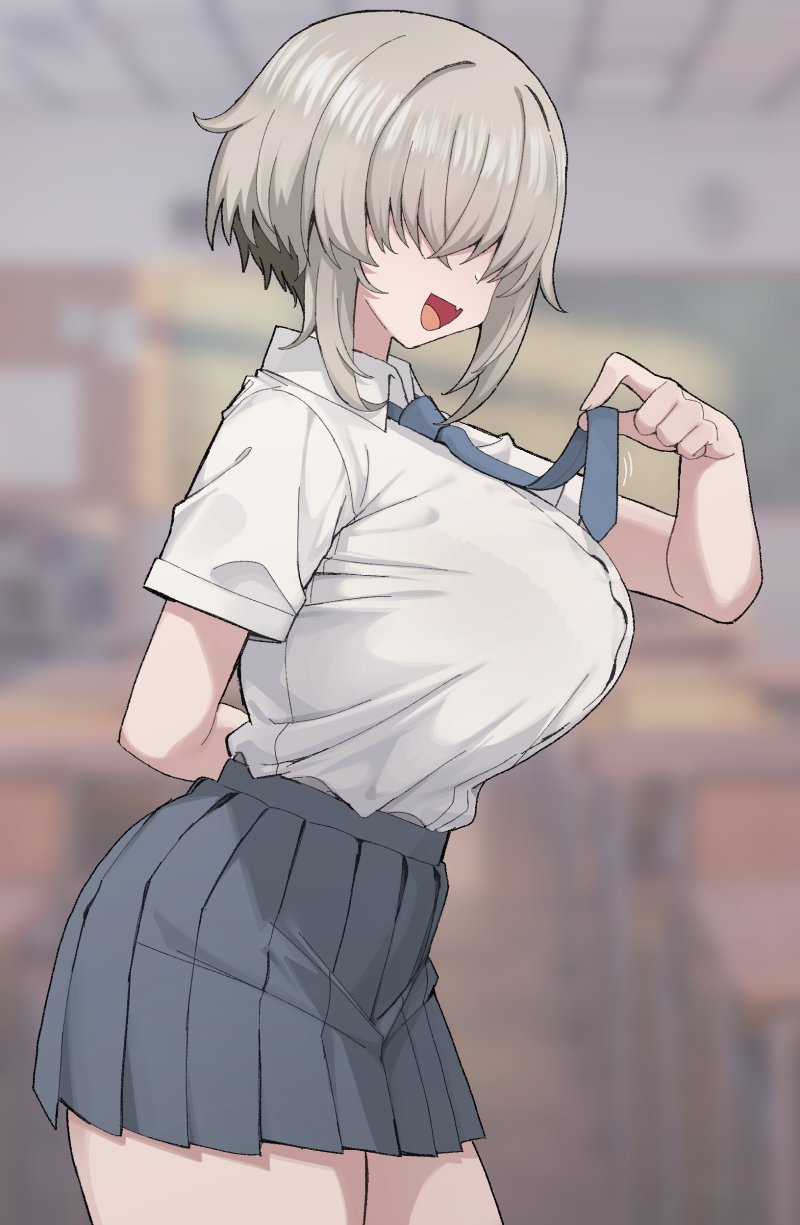 1girl, arm_behind_back, blurry, blurry_background, breasts, collared_shirt, commentary, cowboy_shot, fang, from_side, grey_hair, grey_necktie, grey_skirt, hair_over_eyes, highres, holding_necktie, huge_breasts, indoors, large_breasts, leaning_forward, nago_purin, necktie, open_mouth, pleated_skirt, school_uniform, shirt, shirt_tucked_in, short_hair, short_sleeves, sidelocks, skin_fang, skirt, smile, solo, standing, untranslatable_commentary, tented_shirt, thick_thighs, thighs, tongue, uzaki-chan_wa_asobitai!, uzaki_yanagi, white_shirt, wide_hips