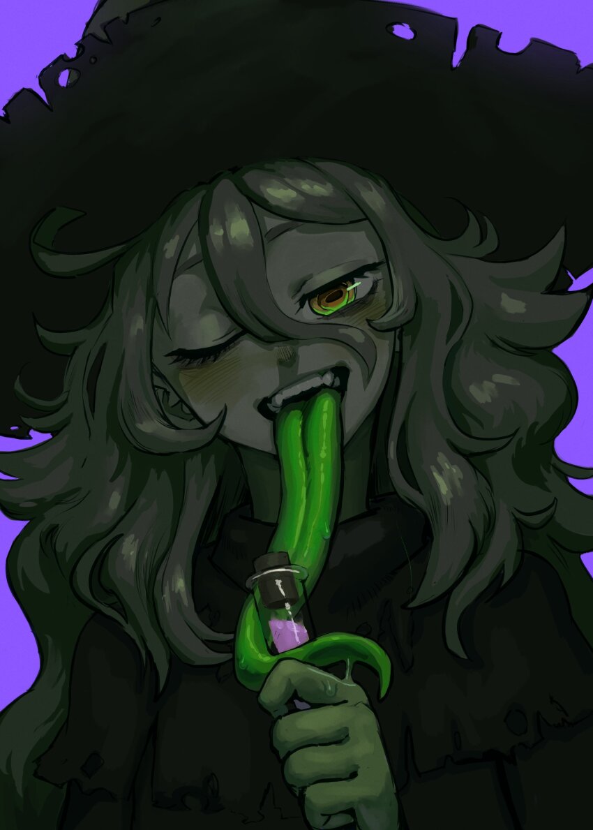 1girl, absurdres, black_capelet, capelet, colored_skin, colored_tongue, commentary, commission, frog_girl, green_eyes, green_tongue, grey_hair, grey_skin, hat, highres, horizontal_pupils, licking, long_tongue, monster_girl, one_eye_closed, open_mouth, original, potion, purple_background, remy_(seihai), simple_background, smile, solo, tongue, tongue_out, vile_domple, witch, witch_hat