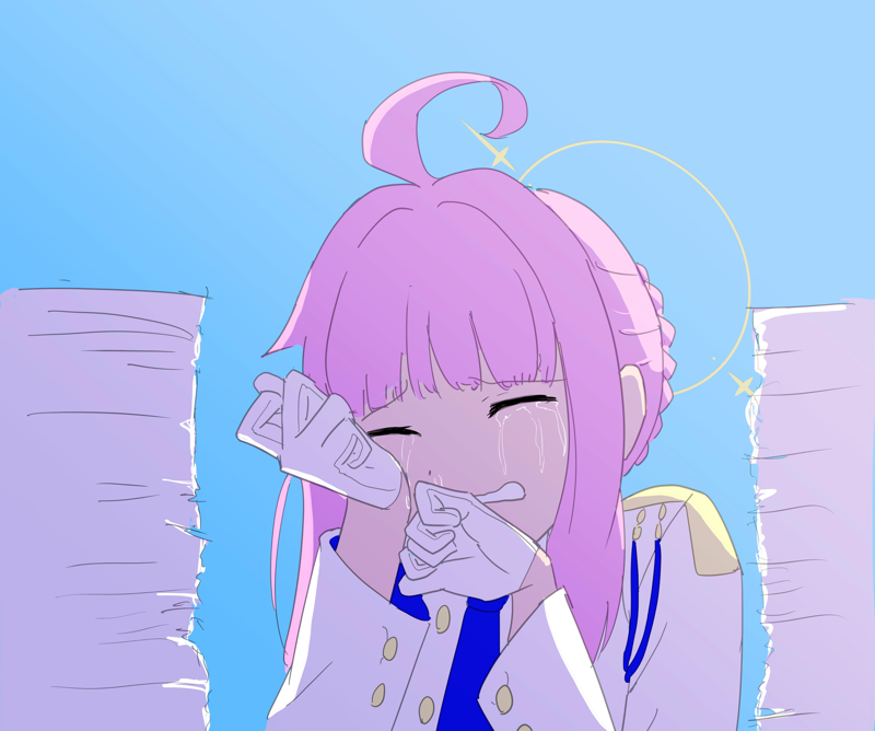 1girl, antenna_hair, blue_archive, blue_background, closed_eyes, halo, jacket, jamira, kaya_(blue_archive), paper, pink_hair, sad, school_uniform, solo, tears, white_jacket