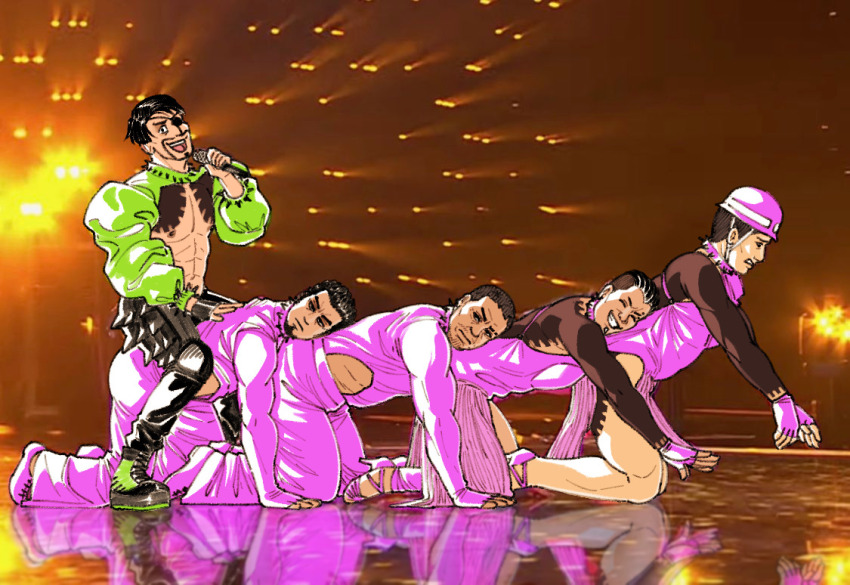 5boys, :d, all_fours, arm_tattoo, back_tattoo, black_hair, black_pants, brahkest