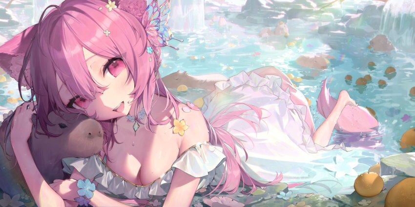 1girl, absurdres, animal, animal_ears, animal_hug, bare_shoulders, barefoot, blue_butterfly, blue_flower, bracelet, breasts, bug, butterfly, capybara, choker, cleavage, double-parted_bangs, dress, fang, flower, flower_bracelet, flower_choker, food, fox_ears, fox_girl, fox_tail, frilled_dress, frills, fruit, hair_between_eyes, hair_flower, hair_ornament, highres, inksie_(vtuber), insect, jewelry, long_hair, looking_at_viewer, lying, medium_breasts, monoco55, off-shoulder_dress, off_shoulder, on_stomach, onsen, open_mouth, orange_(fruit), orange_flower, original, pendant, pink_eyes, pink_flower, pink_hair, rock, sidelocks, tail, virtual_youtuber, water, waterfall, white_choker, white_dress