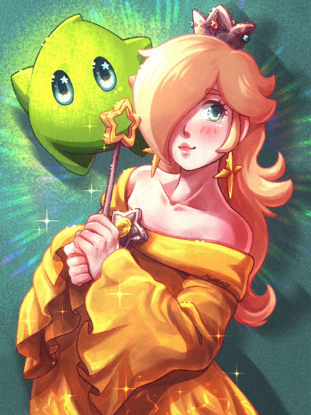 1girl, alternate_costume, bare_shoulders, blonde_hair, blue_eyes, blush, closed_mouth, collarbone