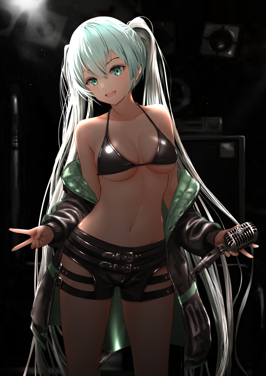 1girl, :d, absurdres, aqua_hair, backlighting, bare_shoulders, belt, belt_buckle, bikini, bikini_top_only, black_bikini, black_shorts, breasts, buckle, cleavage, collarbone, commentary, cowboy_shot, eyebrows_hidden_by_hair, gibun_(sozoshu), green_eyes, green_nails, hatsune_miku, head_tilt, highres, holding, holding_microphone_stand, indoors, light_particles, long_hair, long_sleeves, looking_at_viewer, medium_breasts, microphone_stand, nail_polish, open_mouth, revision, short_shorts, shorts, shure_55sh, smile, solo, swimsuit, thighs, twintails, v, very_long_hair, vocaloid