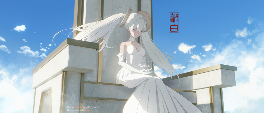 1girl, absurdres, breasts, choker, cleavage, closed_eyes, detached_sleeves, dress