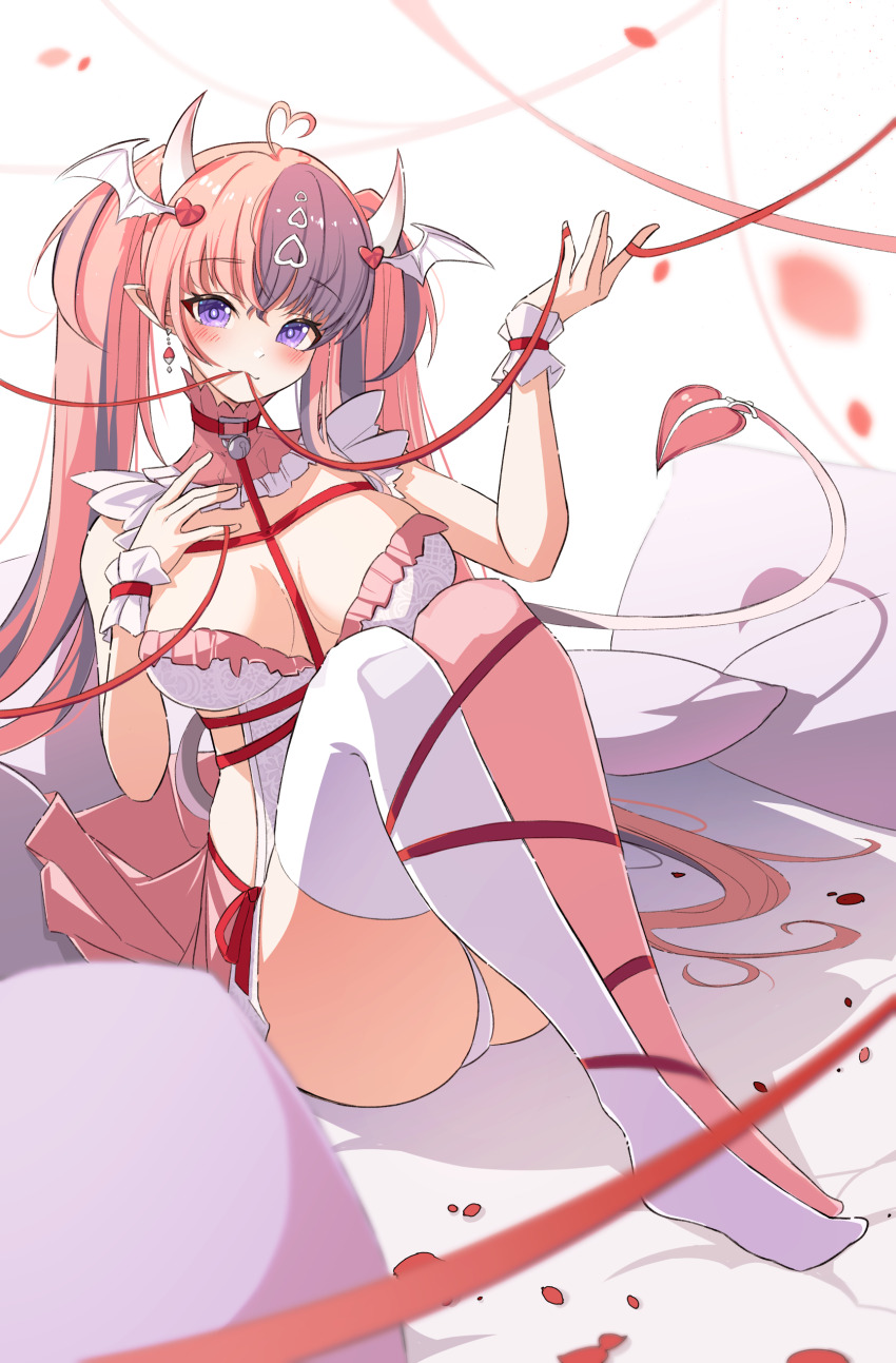 1girl, absurdres, ahoge, asymmetrical_legwear, belt, blush, breasts, chest_belt