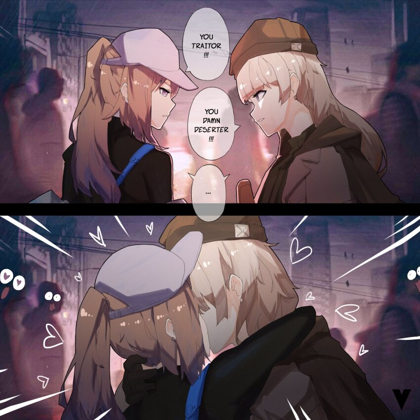 ..., 2girls, 2koma, angry, baseball_cap, beanie, blonde_hair, blue_eyes