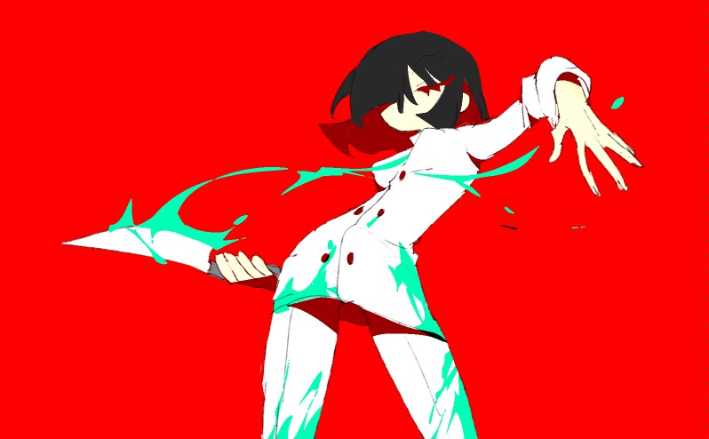 1girl, aqua_blood, black_hair, blood, blood_on_clothes, buttons, chef, closed_eyes