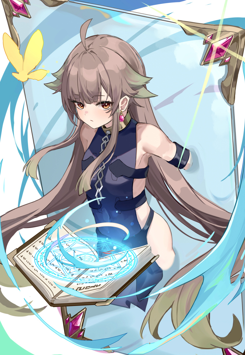 1girl, absurdres, ahoge, book, brown_eyes, demons_roots, dress, earrings, expressionless, flat_chest, floating, floating_book, floating_object, gradient_hair, grey_hair, highres, jewelry, long_hair, looking_at_viewer, magic, multicolored_hair, restrained, sarasa_(demonsroots), sideless_outfit, solo, through_wall, very_long_hair, xiuhuabing