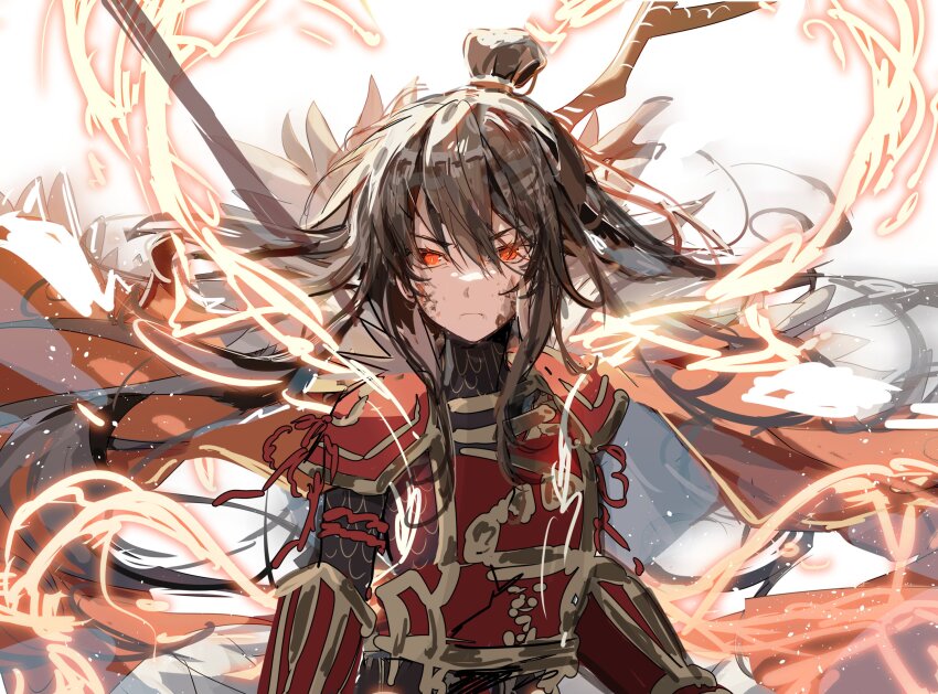 1girl, armor, brown_hair, cape, chinese_armor, closed_mouth, coat, dragon_horns, fire, fur-trimmed_coat, fur_trim, gold_trim, hair_bun, highres, horns, library_of_ruina, long_hair, looking_at_viewer, project_moon, red_armor, red_cape, red_eyes, red_ribbon, ribbon, scales, sidelocks, simple_background, solo, tkylv1683, very_long_hair, white_background, xiao_(project_moon)