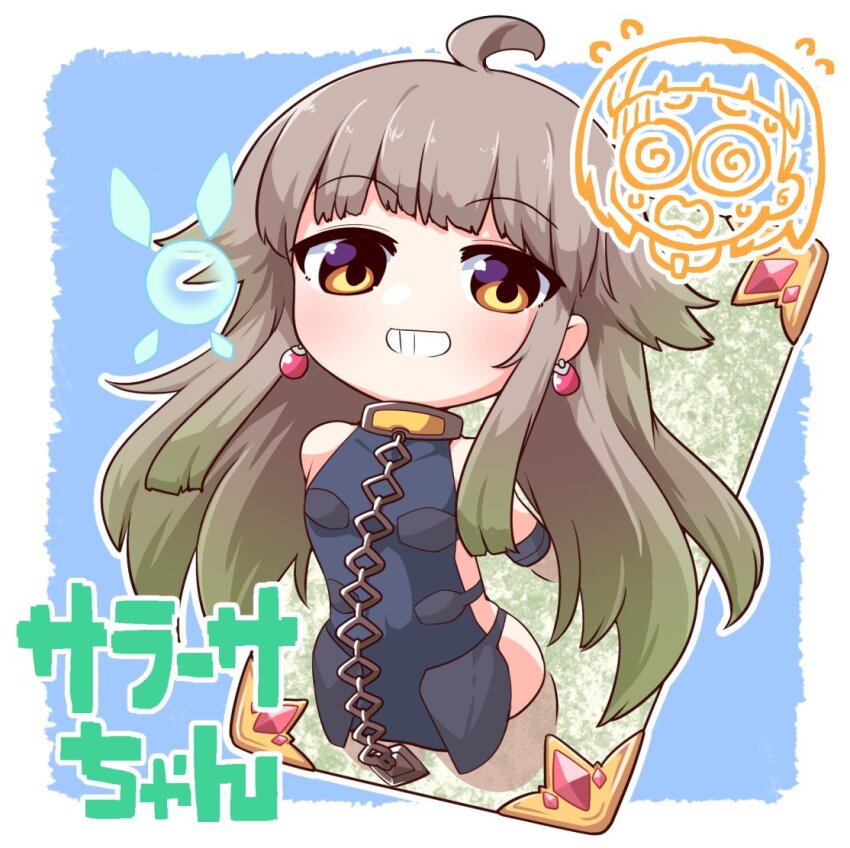 1girl, ahoge, blush, brown_eyes, chain, chain_leash, demons_roots, dress