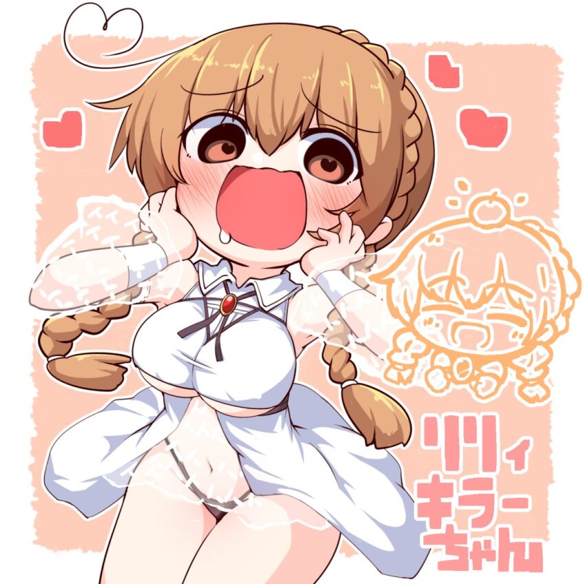 1girl, black_panties, blush, braid, breasts, brooch, brown_eyes, brown_hair