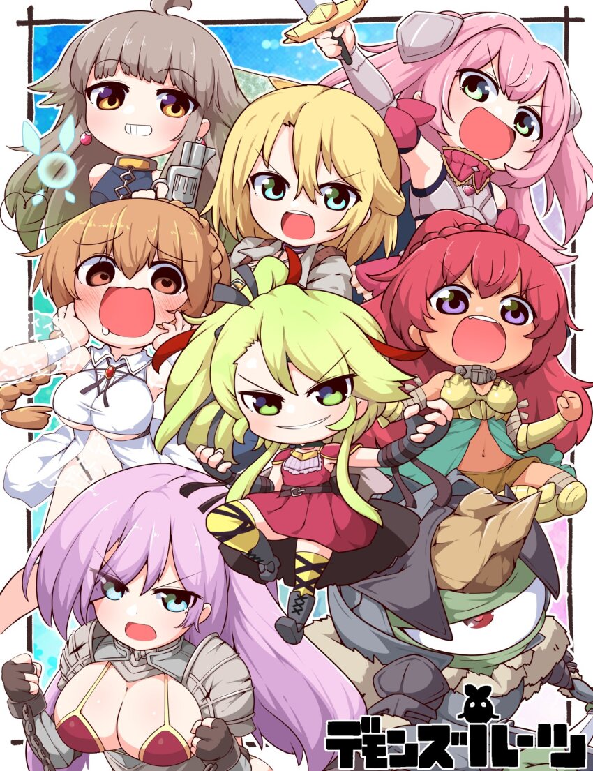 2boys, 6+girls, ahoge, ange_(demonsroots), aqua_eyes, armor, bikini_armor, blonde_hair