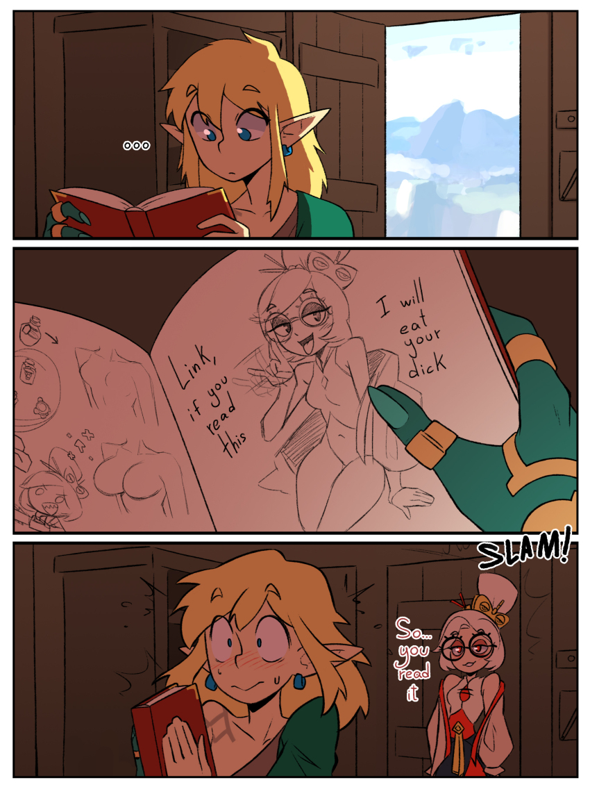 ..., 1boy, 1girl, 3koma, \m/, absurdres, archaic_set_(zelda), blonde_hair
