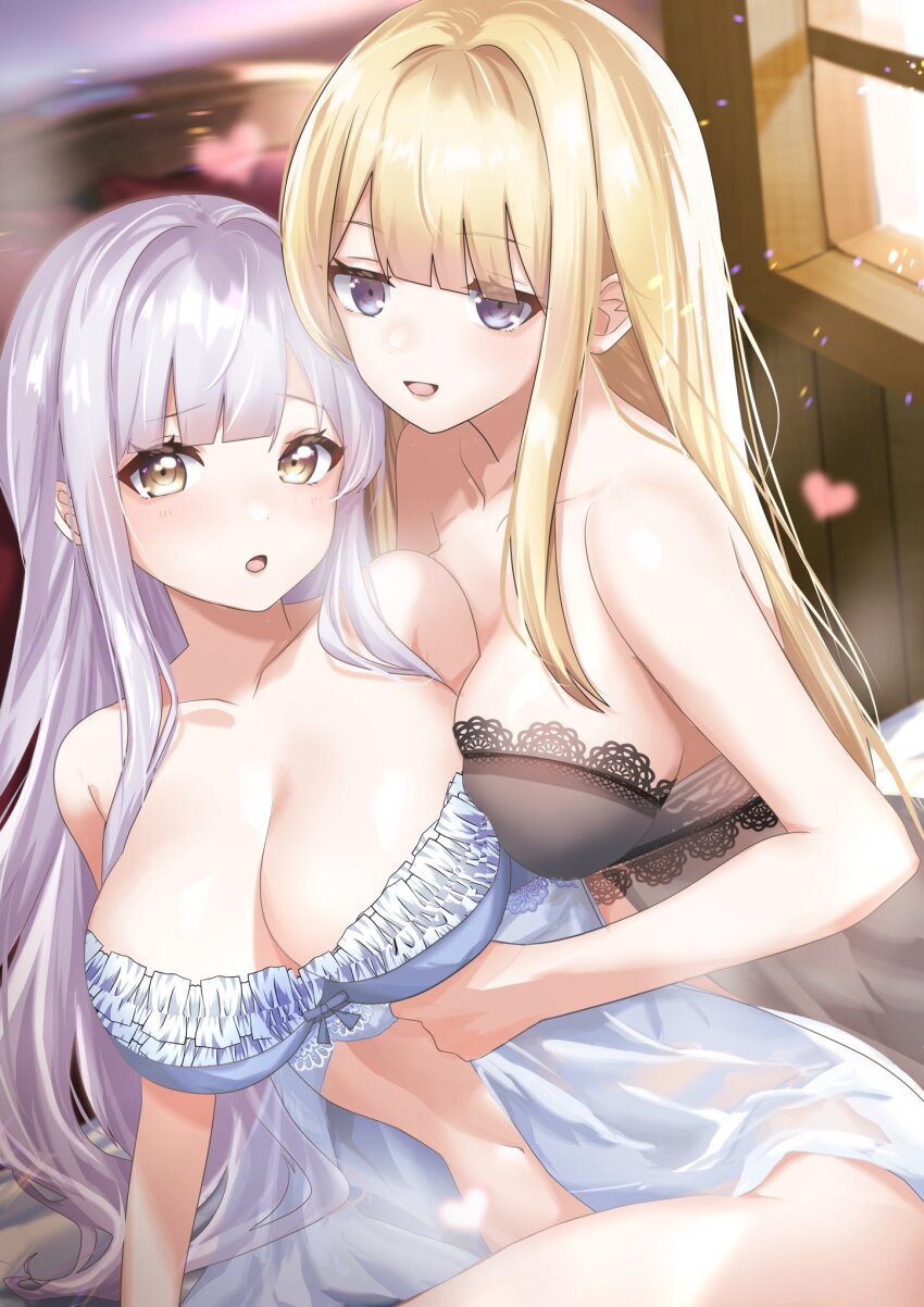 2girls, arm_between_breasts, assault_lily, babydoll, bare_arms, bare_shoulders, bed, between_breasts