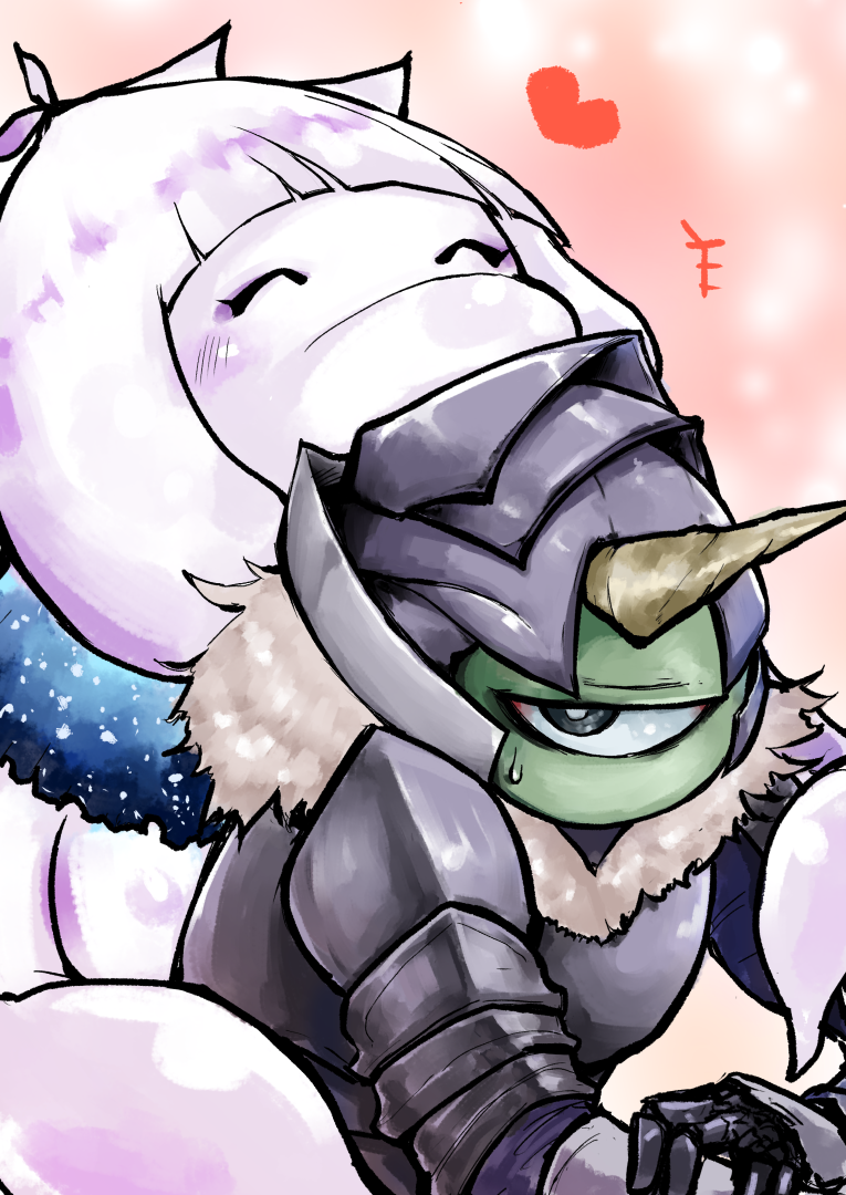 1boy, 1girl, armor, breastplate, claura_(demonsroots), closed_eyes, colored_skin, cyclops, demon, demons_roots, green_skin, heart, helmet, horns, hug, hug_from_behind, mebius_(demonsroots), mochiri_8888, one-eyed, pauldrons, shoulder_armor, single_horn, squid, sweatdrop, tentacles, upper_body