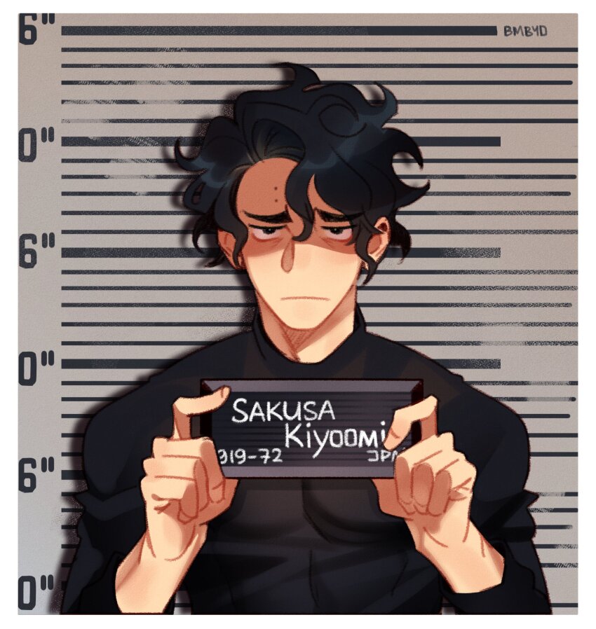 1boy, barbie_mugshot_(meme), black_eyes, black_hair, black_shirt, bombyoon, closed_mouth, haikyuu!!