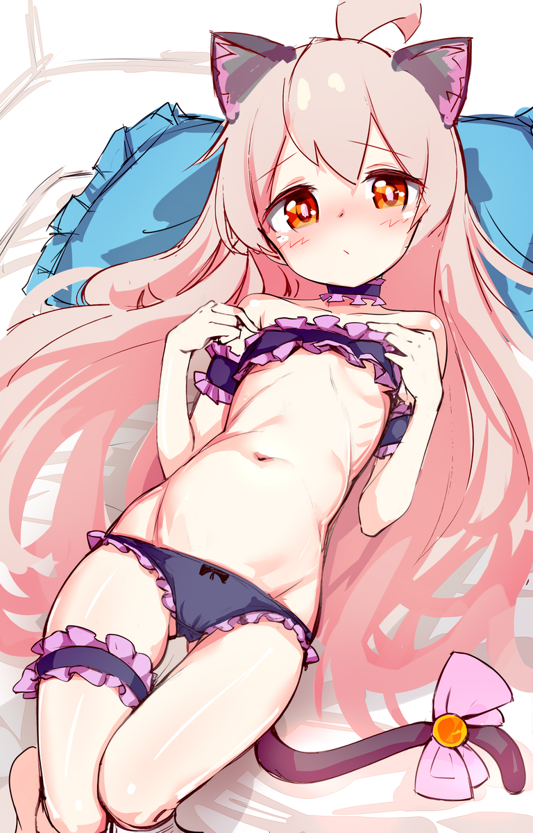 1girl, ahoge, animal_ear_fluff, animal_ears, barefoot, bed, bell, black_bra, black_choker, black_panties, blush, bow, bow_panties, bra, breasts, brown_eyes, brown_hair, cat_ears, cat_tail, choker, female_focus, frilled_bra, frilled_panties, frills, genderswap, genderswap_(mtf), gluteal_fold, groin, hands_on_own_chest, highres, indoors, jingle_bell, loli, long_hair, looking_at_viewer, lying, navel, on_back, onii-chan_wa_oshimai!, oyama_mahiro, panties, pillow, ribbon, sketch, small_breasts, solo, stomach, tail, tail_ornament, tail_ribbon, takabow, thigh_gap, thigh_strap, thighs, underwear