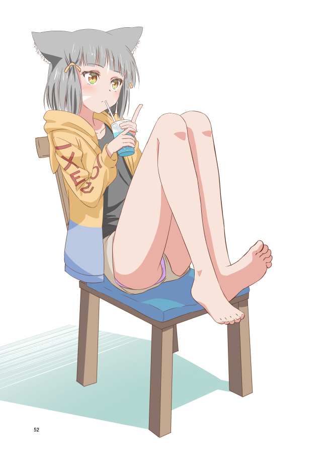 1girl, animal_ears, barefoot, black_shirt, brown_shorts, casual, cat_ears, cat_girl