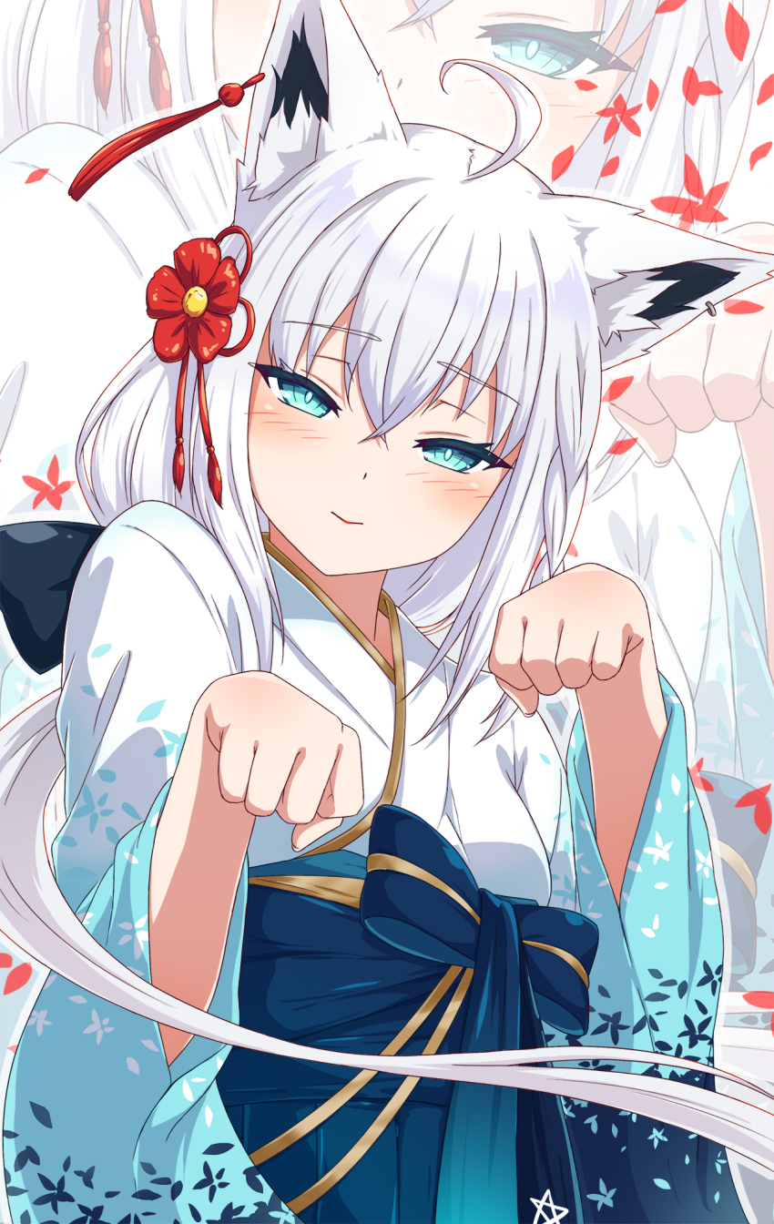 1girl, ahoge, animal_ear_fluff, animal_ears, black_bow, blue_kimono, blush, bow