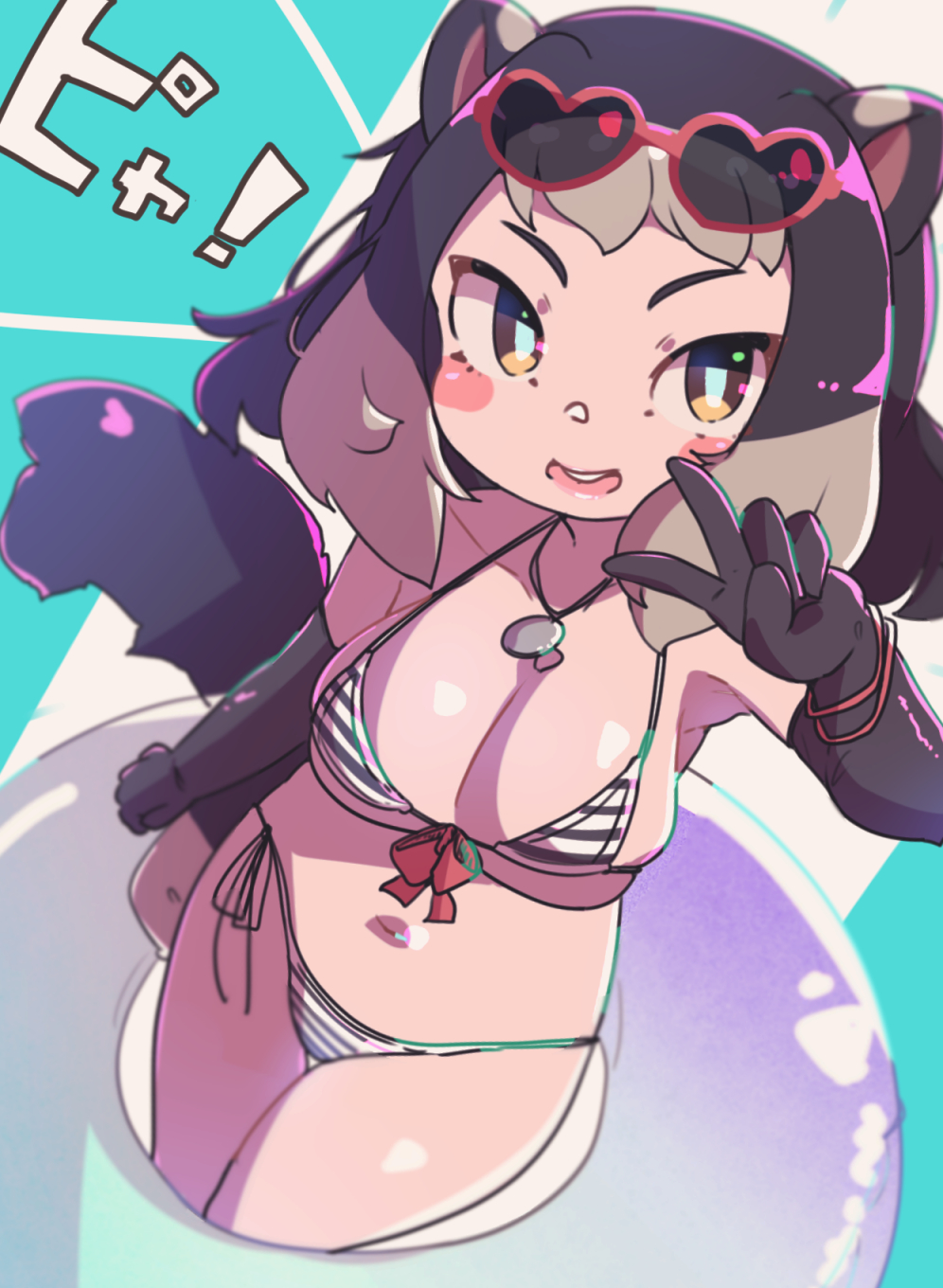 1girl, alpine_marmot_(kemono_friends), alternate_costume, animal_ears, bare_shoulders, bikini, black_bikini, black_gloves